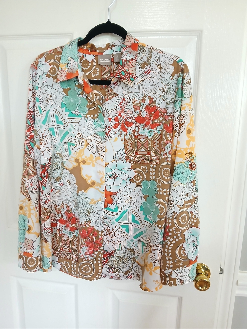 Chico's Floral-Geometric Button Shirt - Mint, Coral, Tan Career Business Coastal